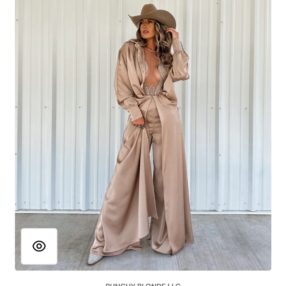 Tan Wide-Leg Trousers with Belted Waist and long sleeve button down top